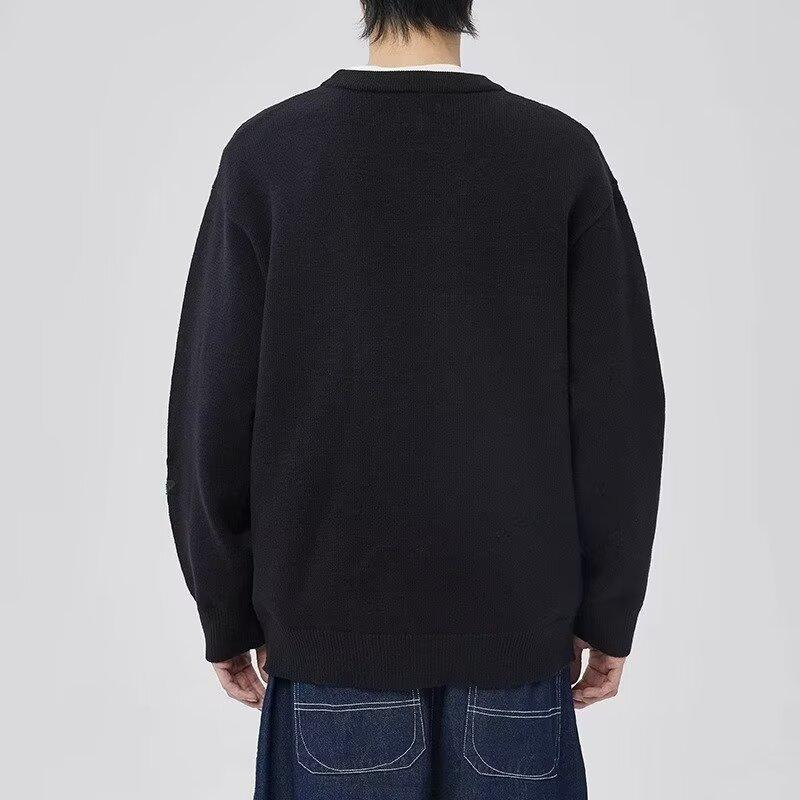 Herren Rundhalspullover Frühling und Herbst Jugend Lose Top Stickerei Reine Farbe All-Matching Herren Langarmshirt