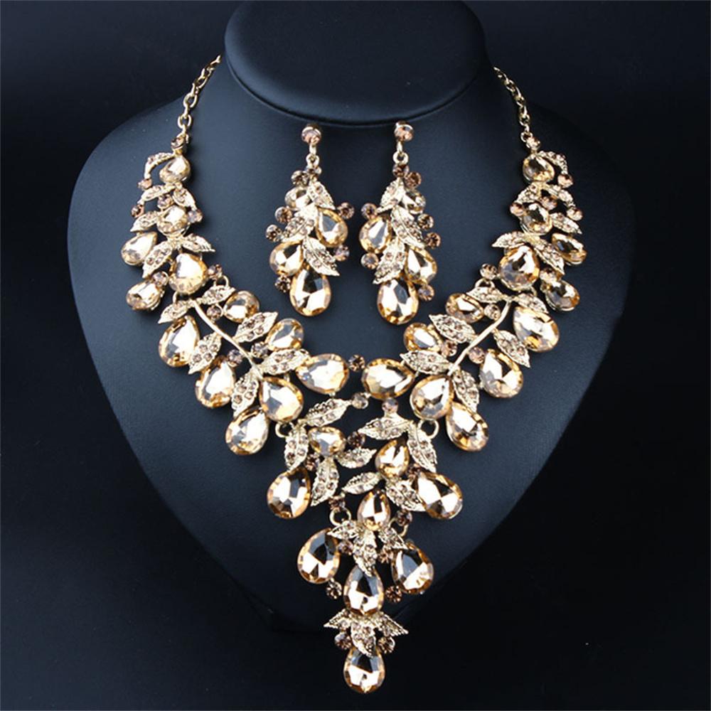 Gorgeous Colorful Crystal Flower Drop Collar Necklace Earring Luxury Wedding Jewelry Set Exaggerated Girl's Bridal Party Gift