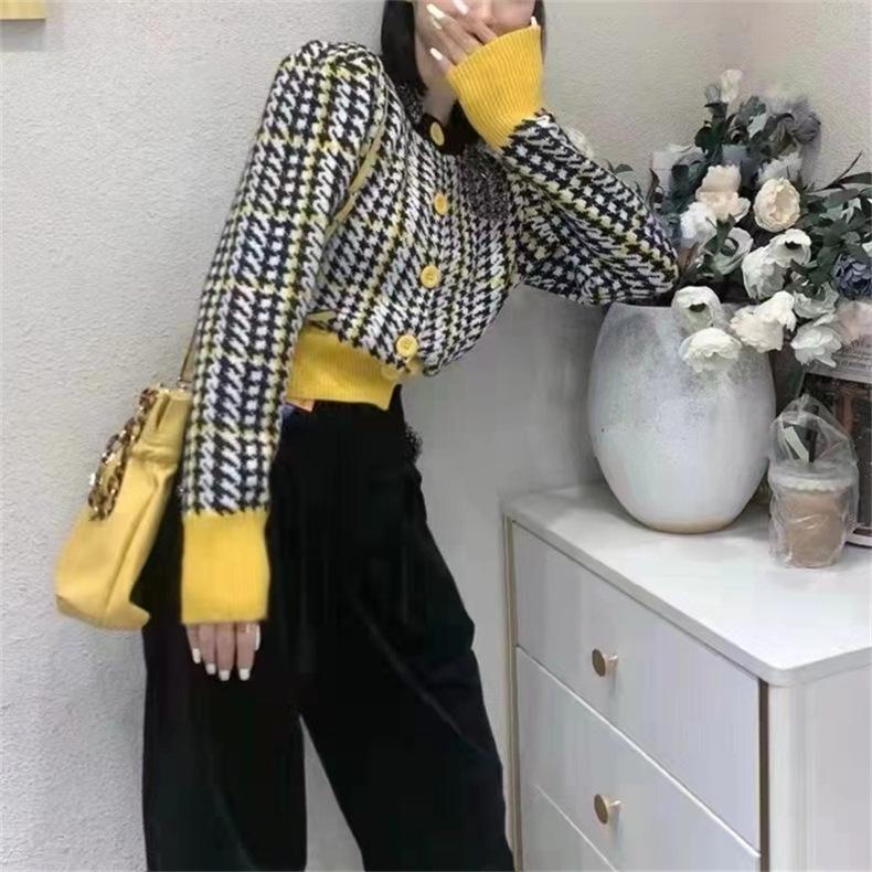 Cardigan Feminino Outono Novo Solto Gola Redonda Thousand Birds Check Manga Comprida Cardigan De Malha Casaco Suéter Trespassado