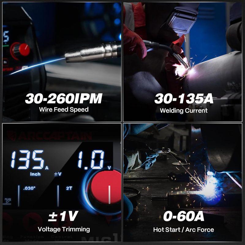 135A MIG Welder with Large LED Display, 110V 3-in-1 Gasless Machine for Flux Core, Lift TIG, Stick Welding