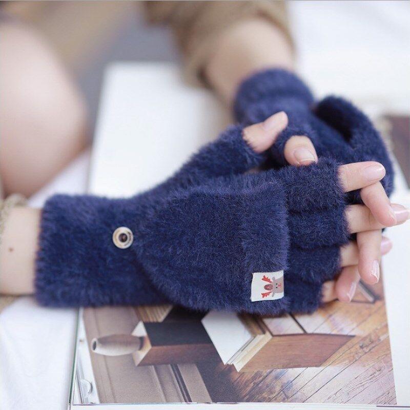 1 çift Moda Katı Rahat Eldiven Örme Yumuşak Elastik Yarım Parmaklı Katlanır Peluş
