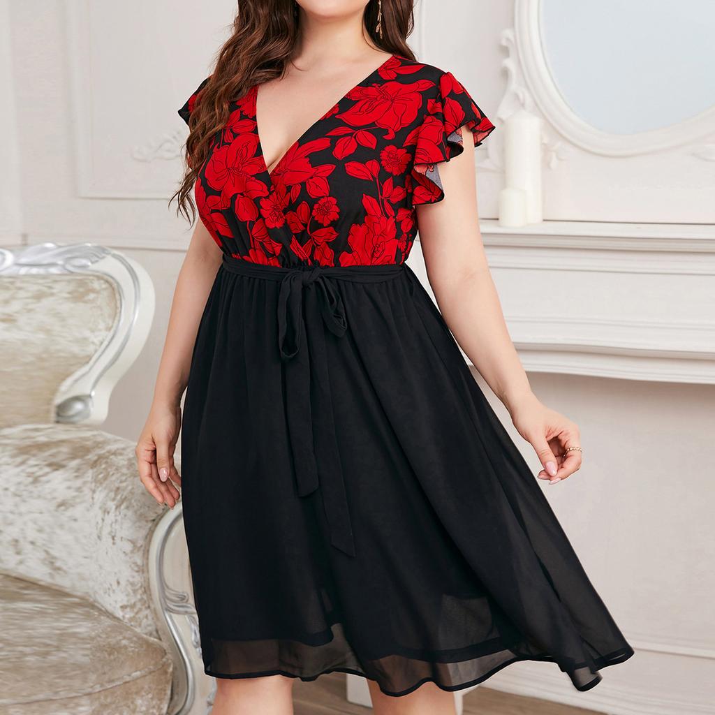 Women's Big Size Fashion Casual Loose Splicing Printed V-Neck Dresses