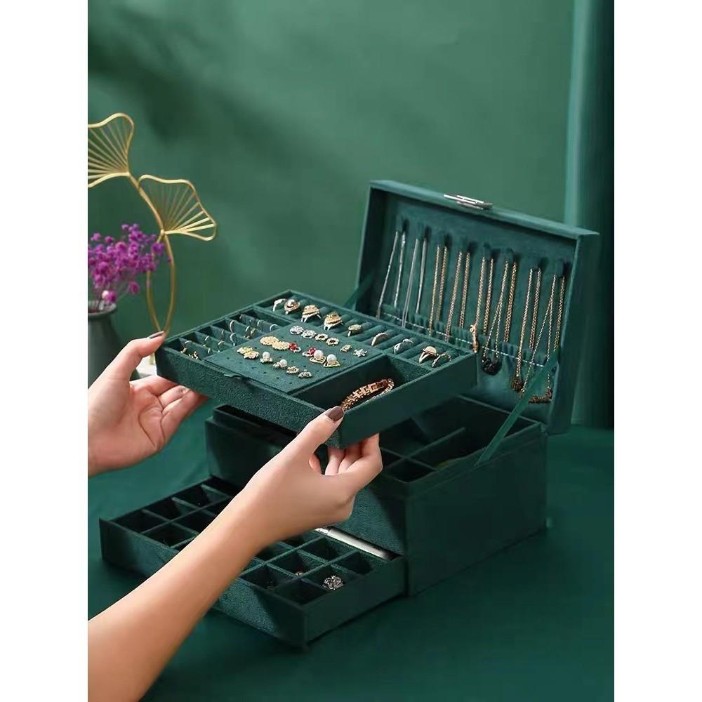 High-end Three-layer Green Jewelry Box With Lock Velvet Earrings Necklaces Bracelets Storage Box Large Capacity