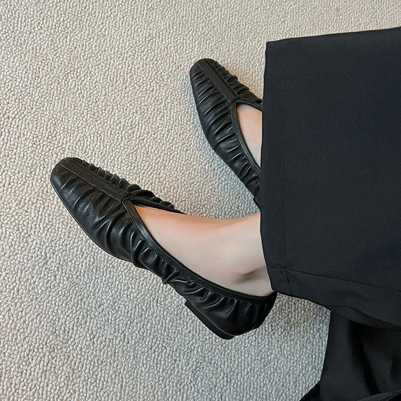 Fashion 2025 New Spring Women Flats Genuine Leather Shoes for Women Fashion Shallow Square Toe Women Pleated Ladies Shoes