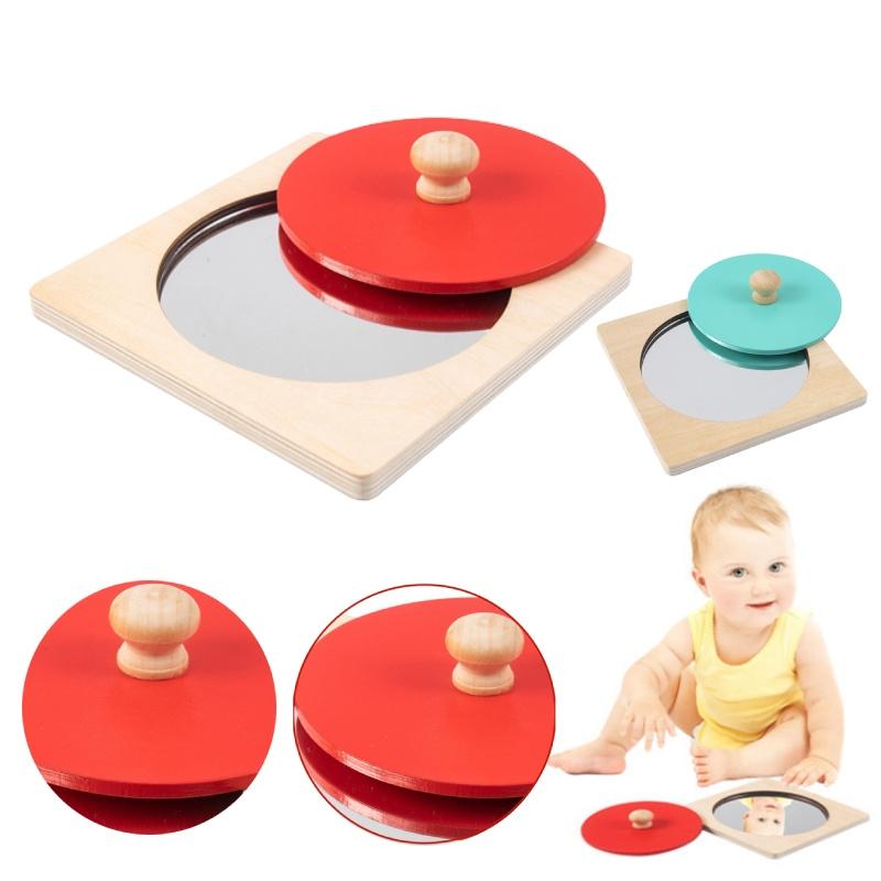 Hoshi Baby Wooden Montessori Mirror Peekaboo Knob Puzzle, Infant 3mos+ Tummy Time Toy