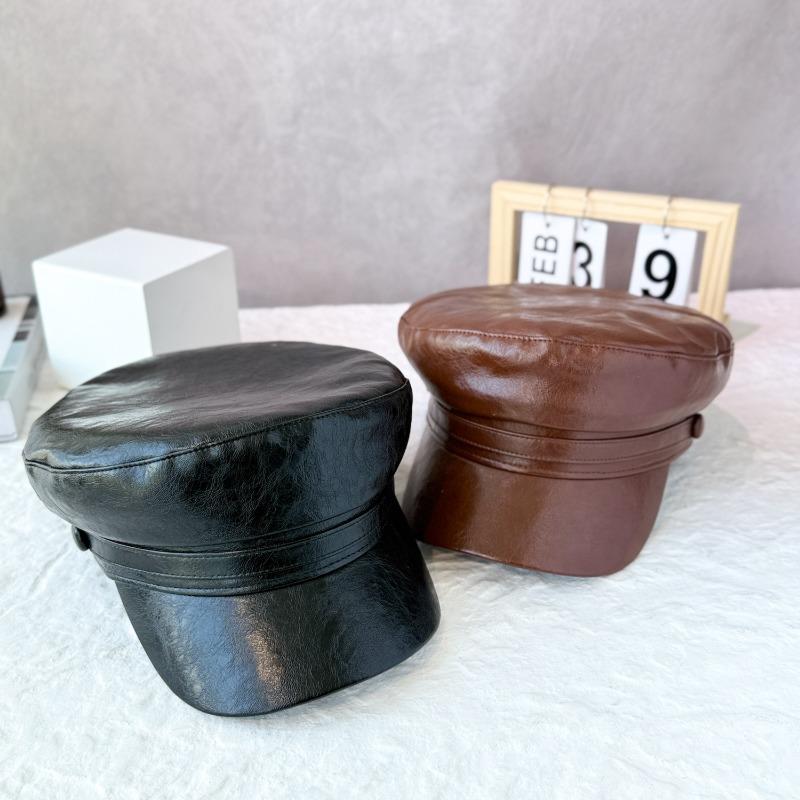 25 Early autumn new leather flat top hat newsgirl hat British retro face little navy hat tide