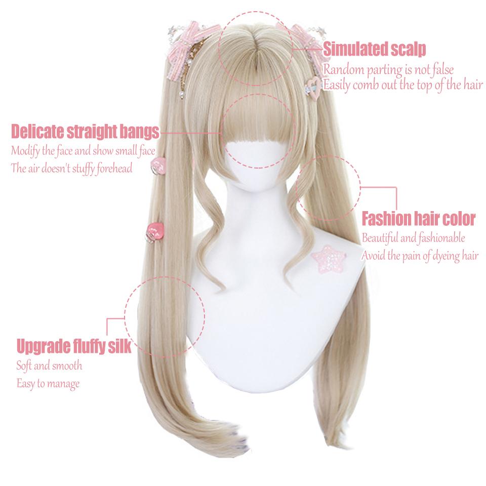 Long Straight Hair Double Ponytail Synthetic Wig Female Straight Bangs Lolita Cosplay Festival Straight Hair Double Ponytail Wig