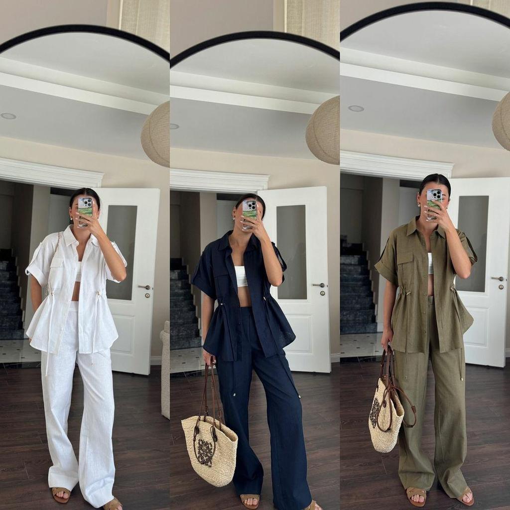 Women's Casual Summer Two-Piece Set: Short-Sleeve Pocket Shirt & Long Pants