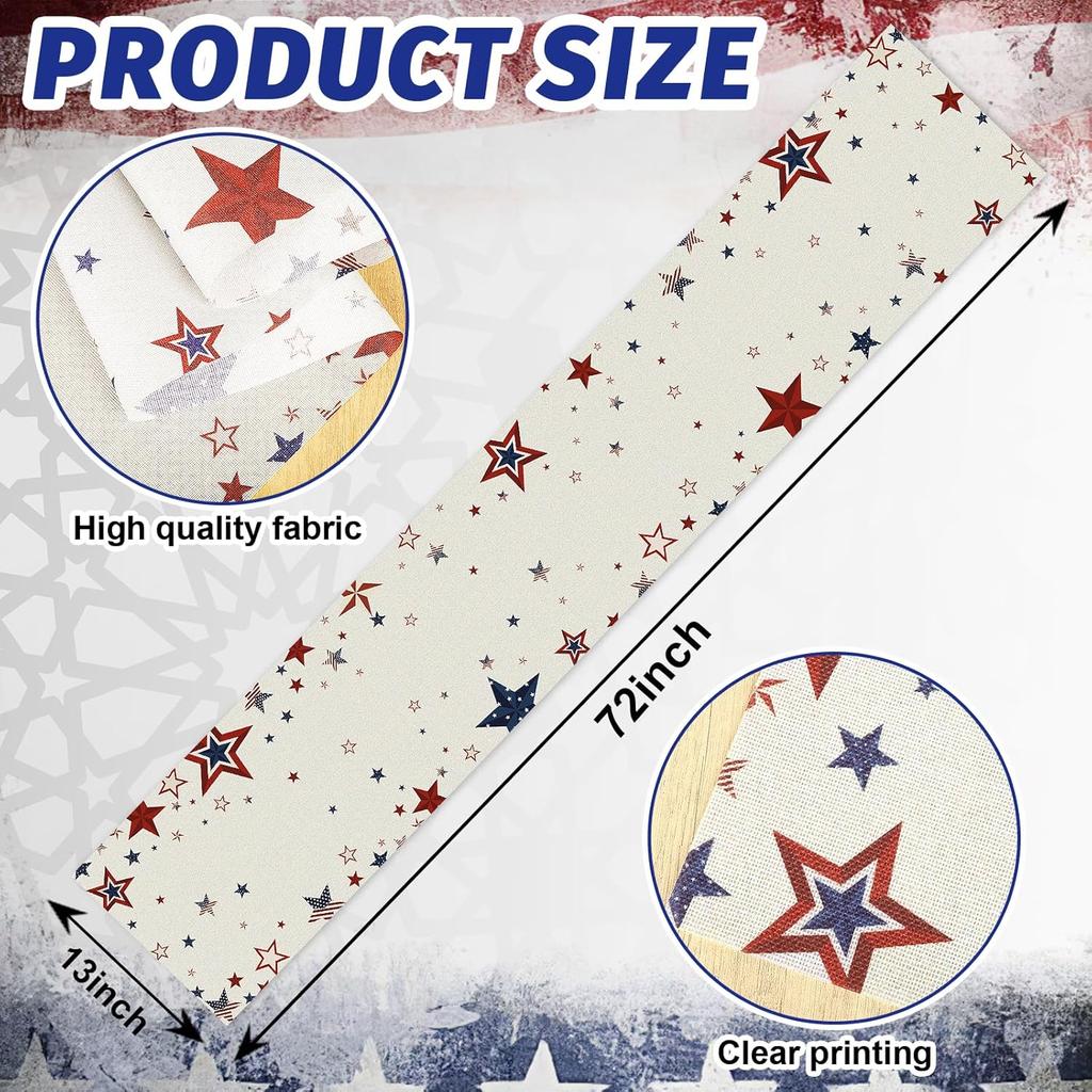 4th of July Table Runner, n Flag Table Runner Decorations for Table, Red White and Blue Table Runners Size 13”X72” (Star)