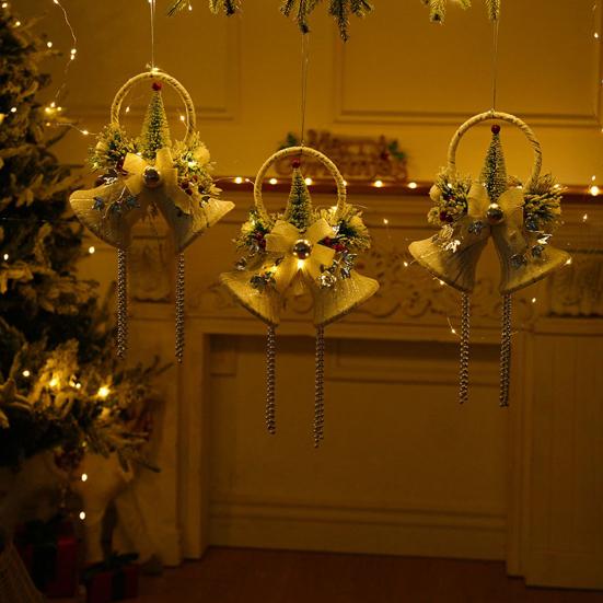 Christmas White Bell Ornament Vintage Rustic Jingle Bell Door Hanger with Artificial Flocking Tree Xmas Hanging Decoration for Holiday Tree Home Decor