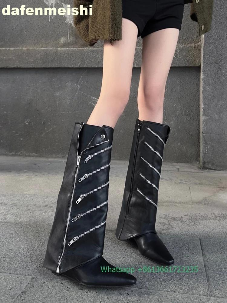 Pointed Zipper Decorated Shark Boots Women 2025 Summer New Side Zip Long Boots 6.5Cm Wedges Black Leather Knee-High Boots