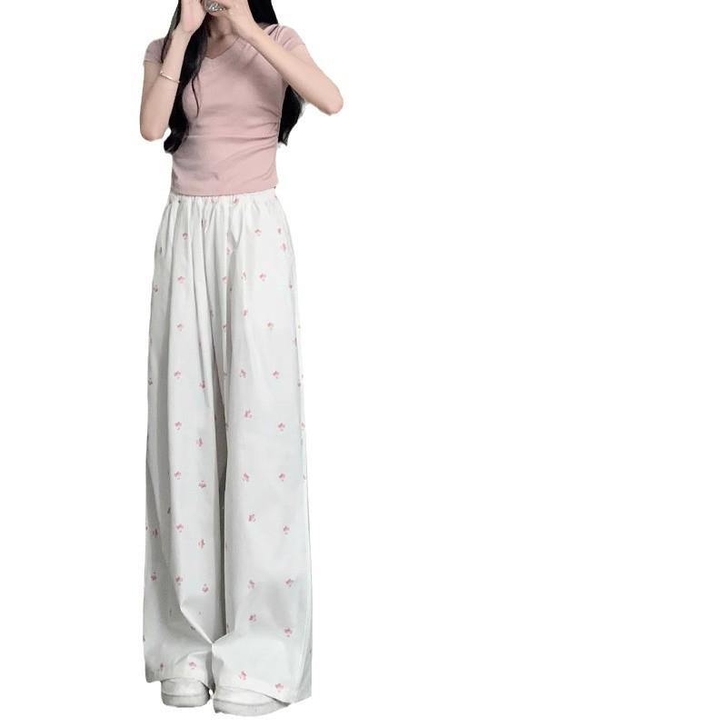 White Floral High-Waisted Yamamoto Summer 2025 Bowknot Wide-Leg Casual Pants