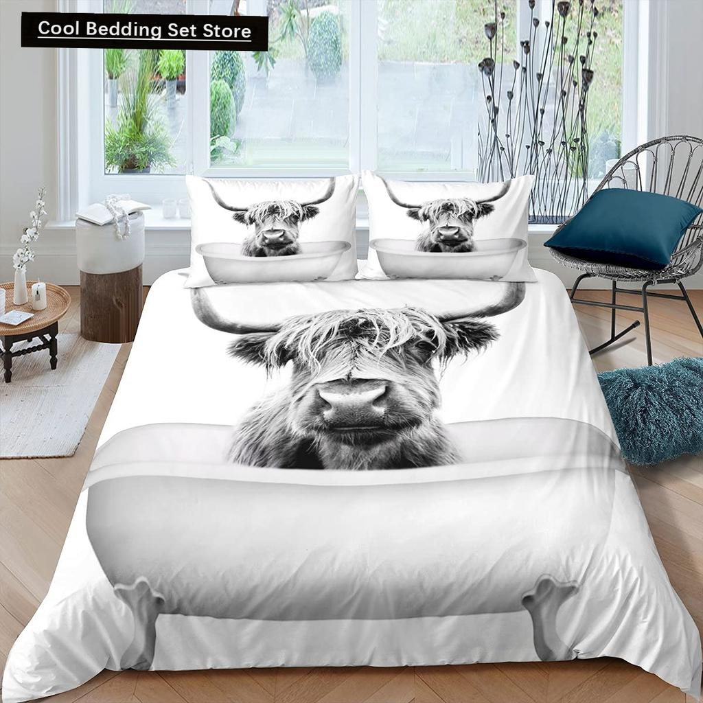 Highland Cow King Queen Duvet Cover Bull Bedding Set for Adults Cattle 2/3pcs Quilt Cover Farm Animal Polyester Comforter Cover
