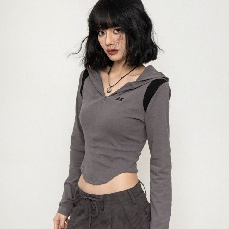 

Повседневные футболки для девочек, толстовки, однотонные, простые, с длинным рукавом, женские футболки Y2K, уличная одежда S серый