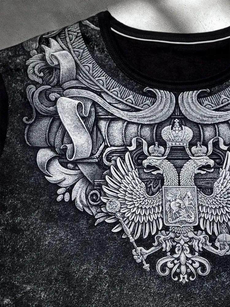 Men's Vintage Russian Crest T-Shirt, Double-Headed Eagle with Crown and Sword, Breathable Crew Neck for Patriotic Wear