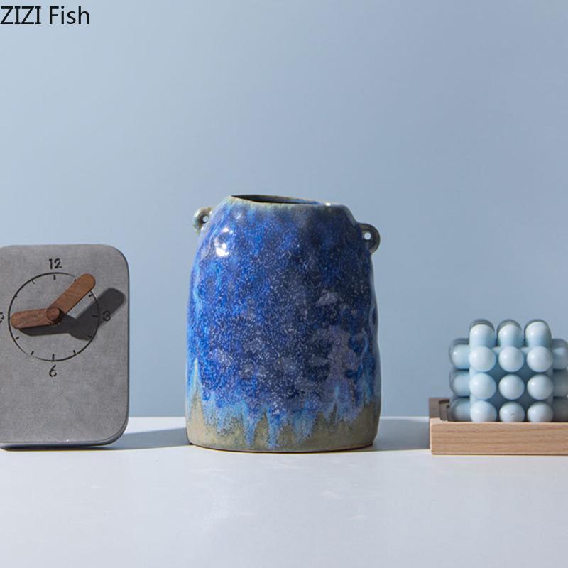 Blue Painted Ceramic Vase Plant Pots Table Decoration Creative Flowers Arrangement Decorative Floral Vases Room Aesthetic Decor