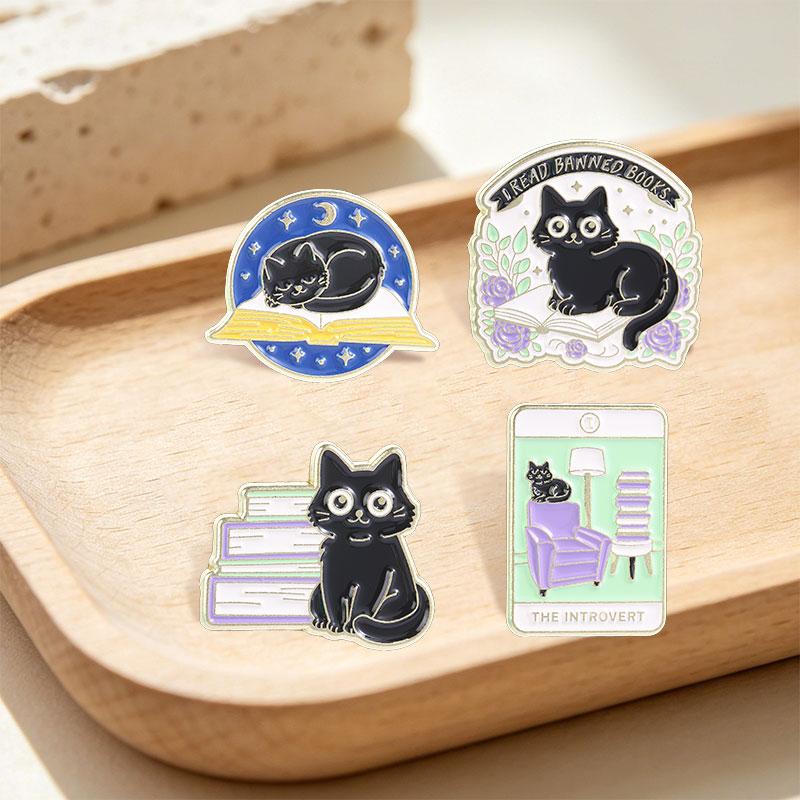 I Read Banned Books Enamel Pins The Introvert Tarot Cards Floral Books Black Cat Book Lover Brooches Lapel Badge Jewelry Gifts