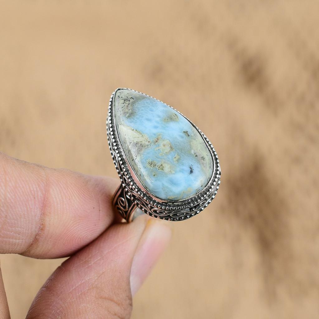 Birthday Gift For Her Natural Larimar Promise Vintage Ring Size 7.75 925 Silver