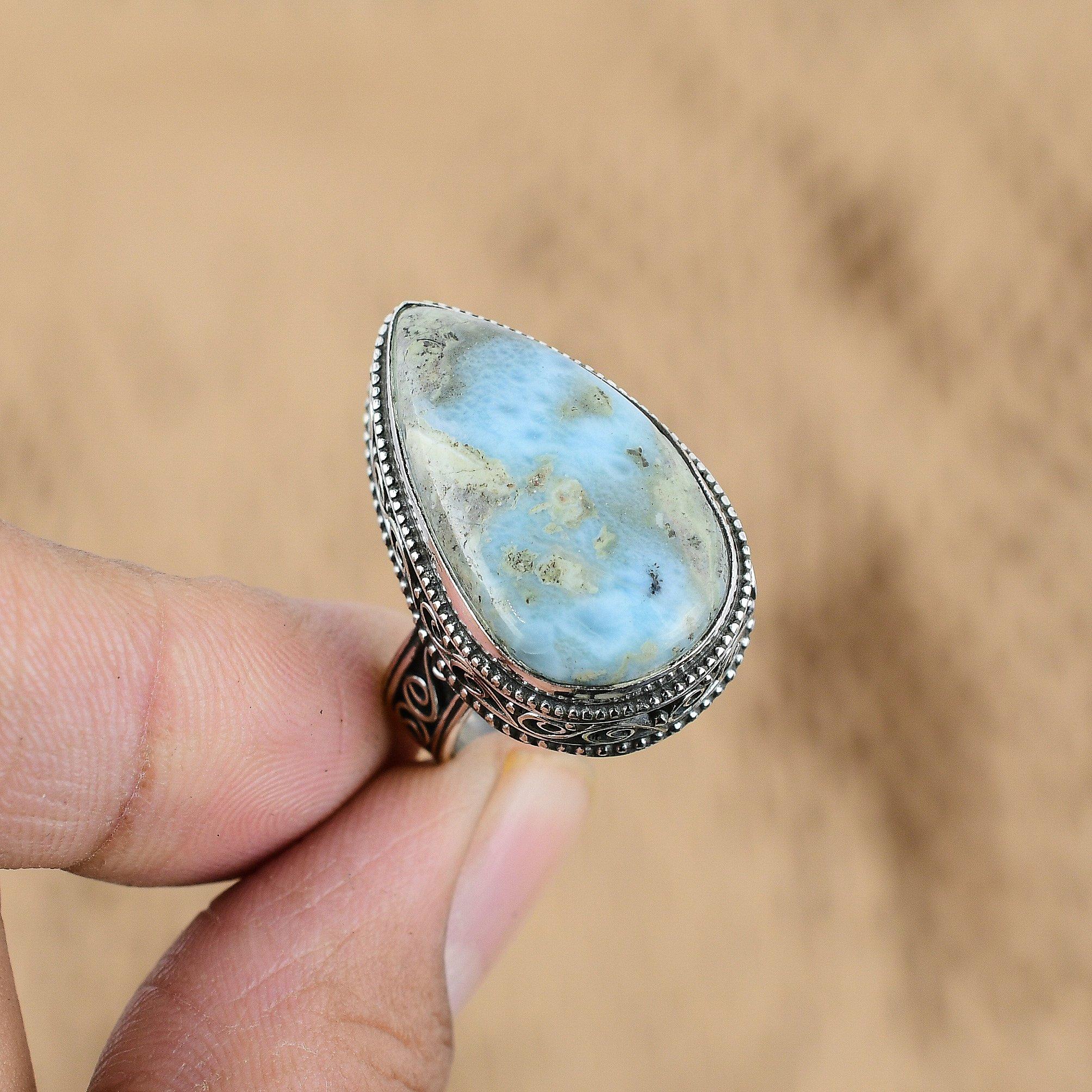 

Birthday Gift For Her Natural Larimar Promise Vintage Ring Size 7.75 925 Silver No