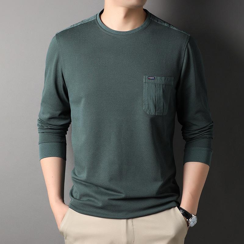 

Весенне-осенняя новая мужская тонкая футболка с длинными рукавами и круглым вырезом, мужская однотонная рубашка среднего возраста с настоящим карманом 4XL