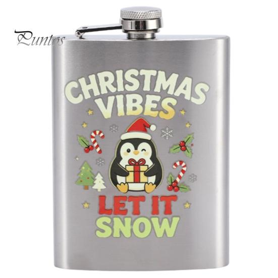 Festive Patterned Drinking Cup Beer Barrel Flask, 8oz Stainless Steel Oil Drum Shaped Flask with Small Gift for Christmas Prints Outdoor Camping Party