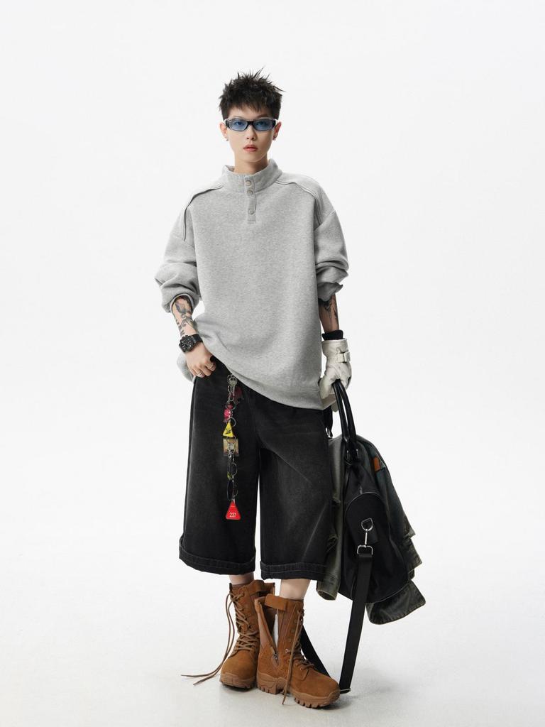 Men's Loose-Fit Streetwear Hoodie: High-End Patchwork Stand-Up Collar, Spring/Autumn Casual Jacket