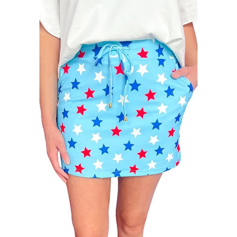Women s Drawstring Mini Skirt Star Print Pocket Relaxed Casual Summer Short Skirt S