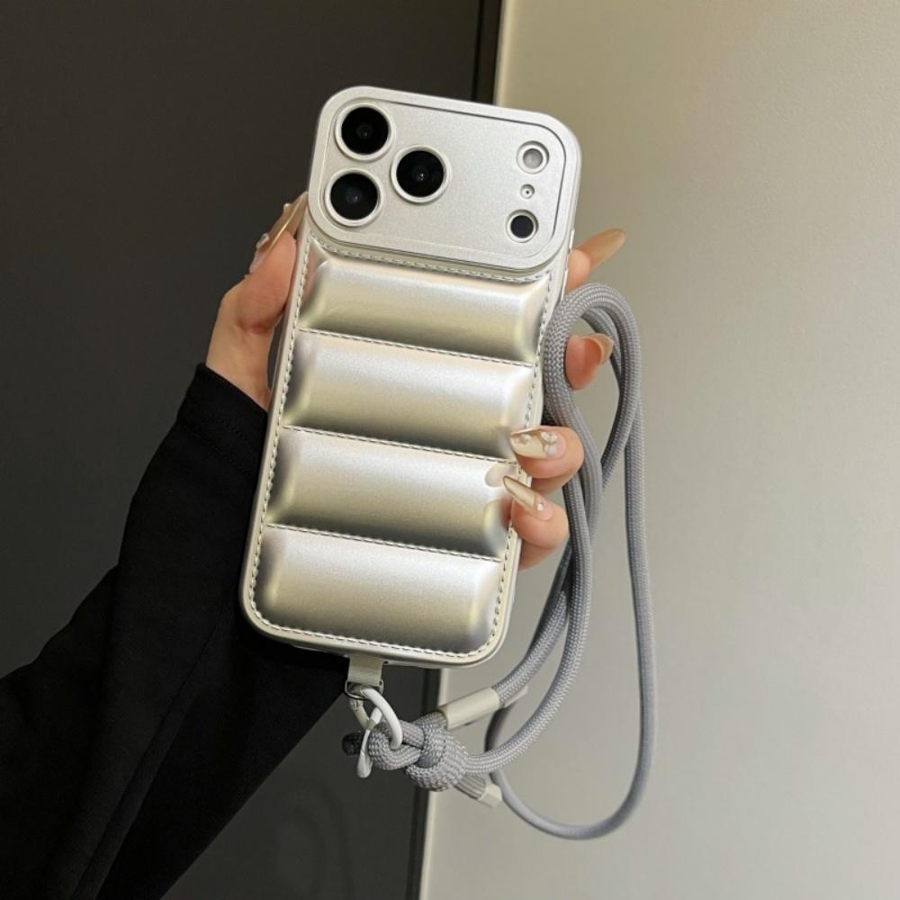 Fashion Down Jacket Lanyard Crossbody Case for iPhone 17 16 15 Pro Max 14 Plus 13 12 11 Air X Xr Xs Long Strap Solid Color Cover