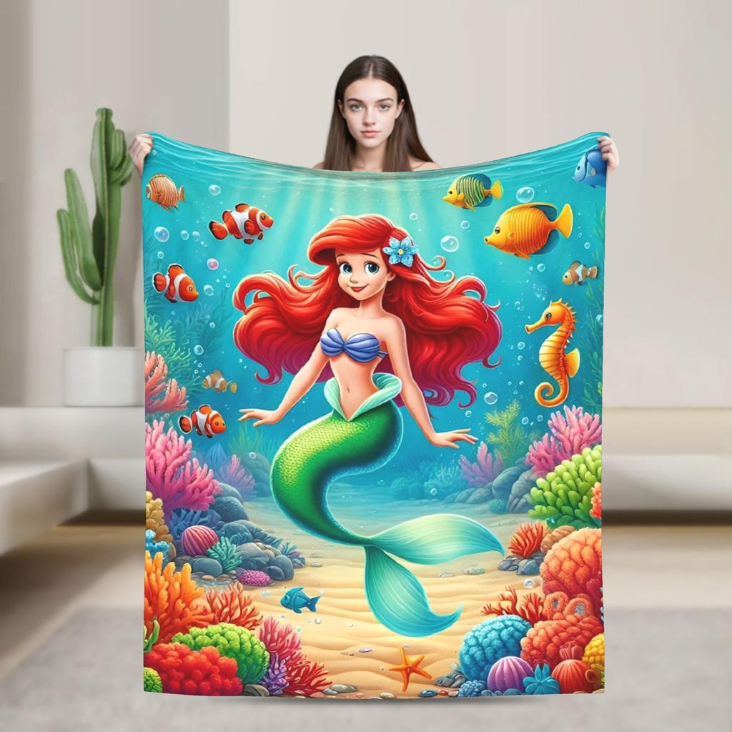 Little Mermaid Cartoon Princess Blanket Fleece Spring Autumn Portable Super Soft Throw Blanket for Sofa Outdoor Rug Piece