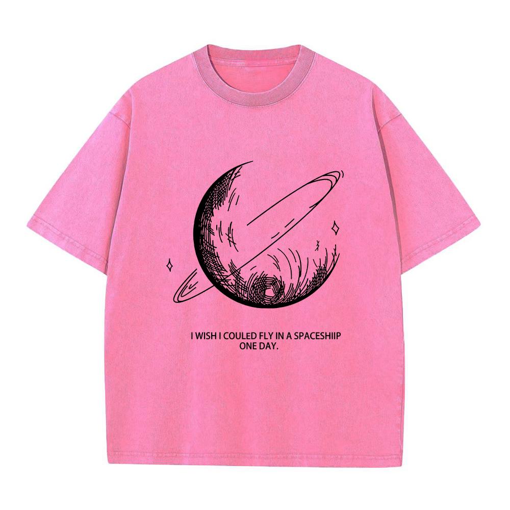New Heavyweight Pure Cotton Washed TShirt Loose Oversize Retro Distressed Street Style Moon Print Short Sleeve Base Layer