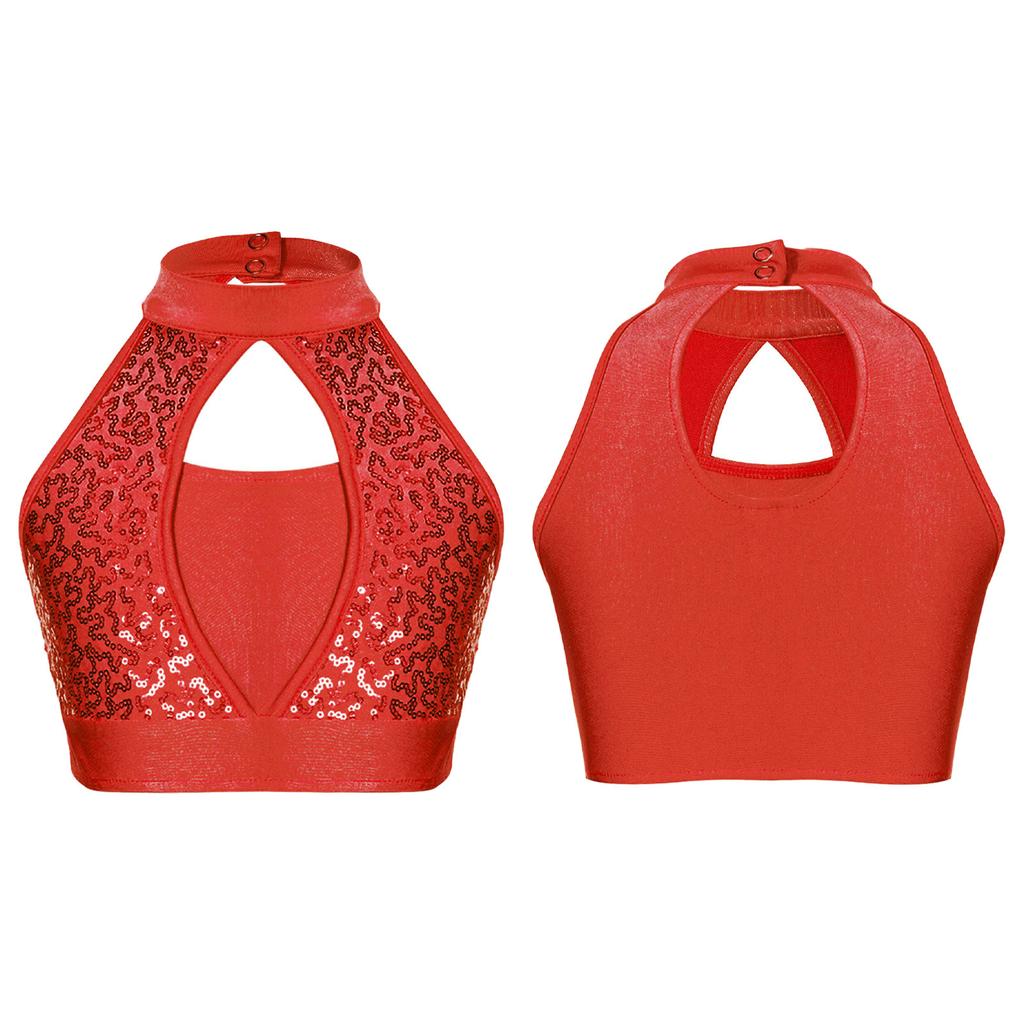 Girls Sleeveless Mock Neck Crop Top Sequin Patchwork Hollow Front Keyhole Back Dancewear