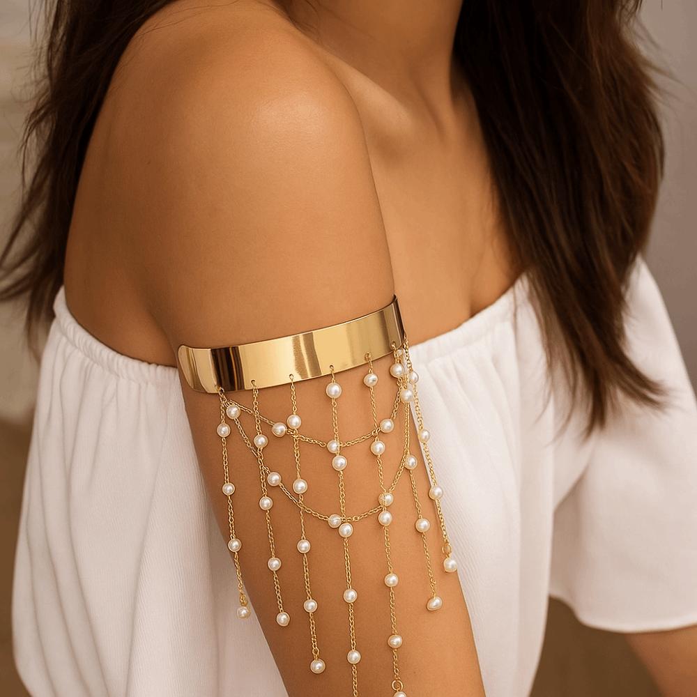 Pearl Tassel Arm Chain Adjustable Open Cuff Bracelet Armlet Armband Upper Arm Bangles  Party