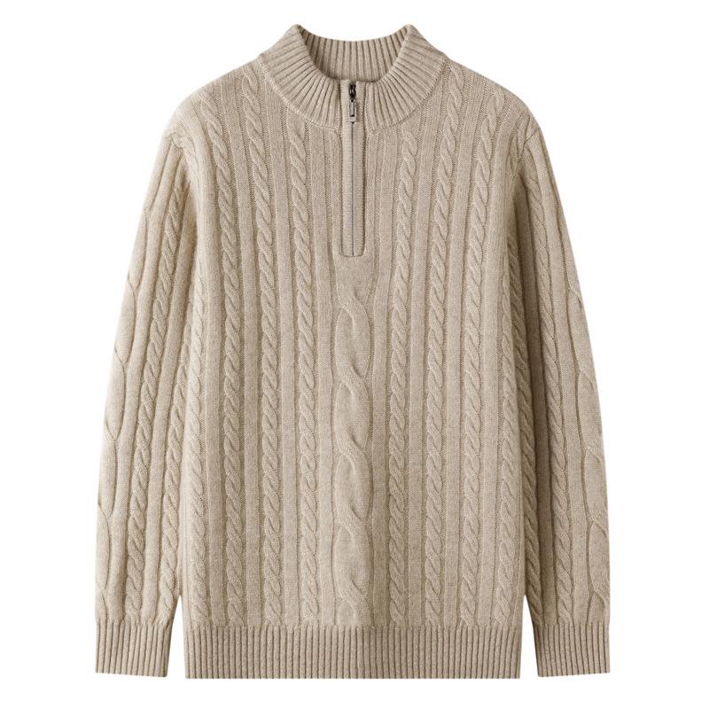 Men's Casual Cable Knit Cashmere Sweater - Autumn/Winter Half-High Neck Zipper, Long Sleeve, Loose Fit.
