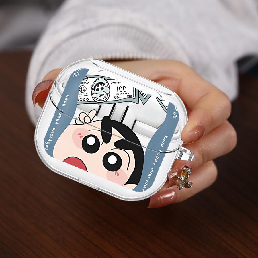 Case For Samsung Galaxy Buds 2 3Pro 4Pro Live 4 Pro 2Pro 3 FE Clear Earphone Cases Cover With Hook Crayon ShinChan Cartoon