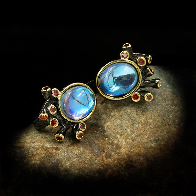 Retro Palace Baroque Style Silver Needle Earrings for Women's Earrings Moonlight Gem Earrings Earrings Black Gold Two Color Jewelry