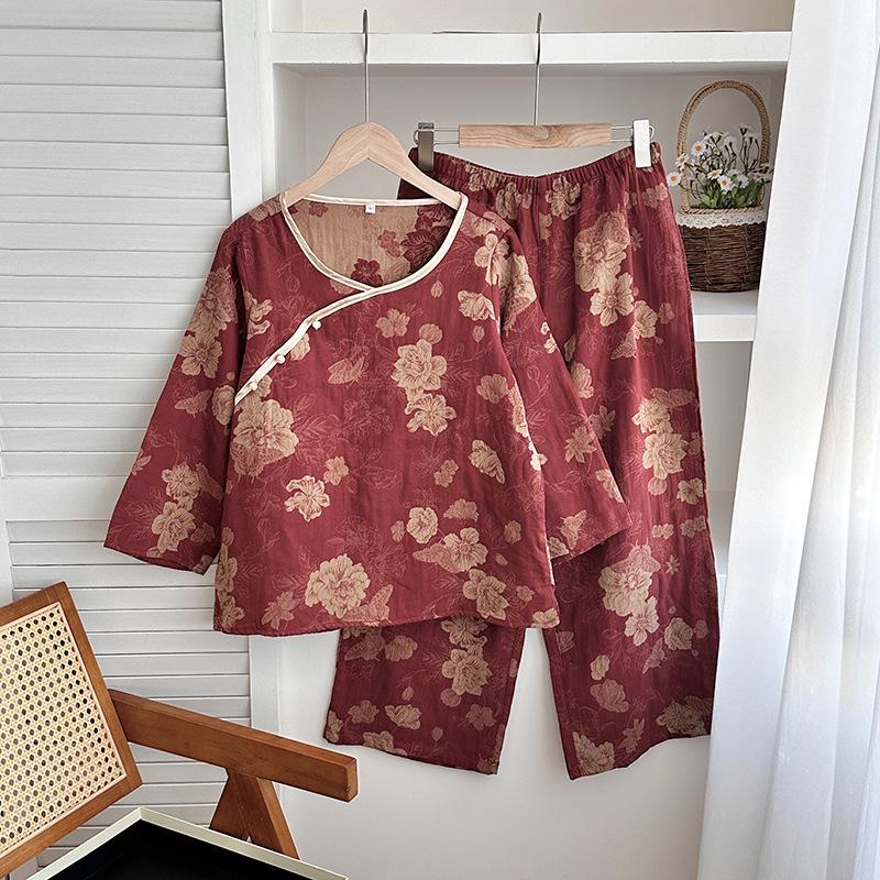 Women's Retro Chinese-Style Cotton Pajama Set: Long-Sleeve, Double-Layered Gauze, Oblique Lapel (Spring/Autumn)