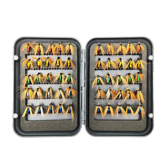 50Pcs/Box Fly Fishing Lure with Sharp Hook Realistic Bionic Floating Feather Fly Fishing Bait Freshwater Saltwater Bass Trout Fishing Accessories