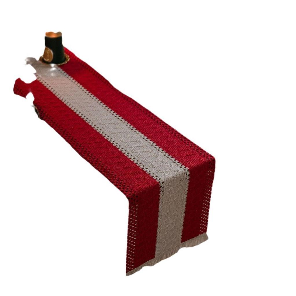 Chemin de table Imanqi Yun Coton Lin Rayé Bicolore avec Pompons Tissés