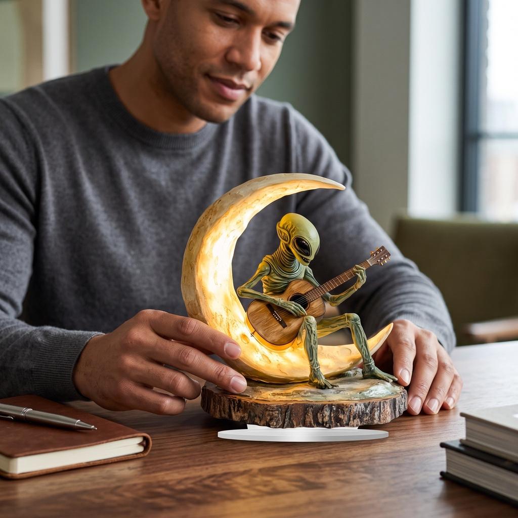 Moon Playing Guitar 2D Flat Desk Ornament for Home Shelf Tabletop Decor