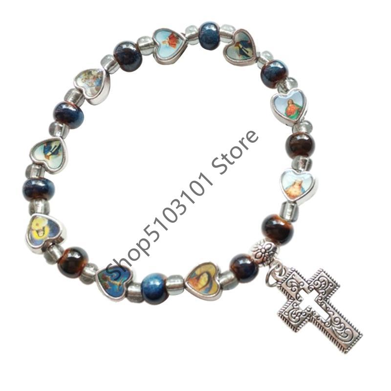 Jesus Cross Rosary Bracelet Lady Virgin Mary Jesus Cross Handmade Bead Chain Rose, Sacred Heart Compassion Rosary Bracelet Gift