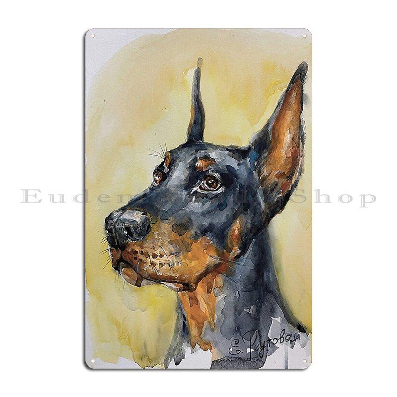 Classy Doberman Pinscher Dog Watercolour Digital Portrait Metal Plaque Garage Character Classic Poster Bar Tin Sign Poster