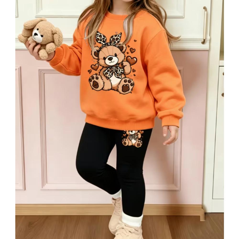 Girls' Leopard Bear Casual Comfortable Soft Loose Pullover Sweatshirt and Leggings 2-Piece Set, New Autumn/Winter, Playful, Sweet and Cool Style