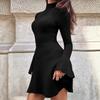 Europe and the United States 2026 spring new long-sleeved solid color top high-necked tight A-word knitted sweater dress women