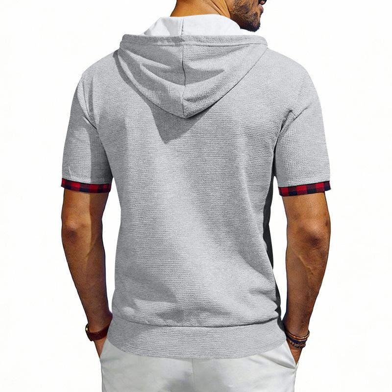 Men's Hooded T-Shirt Short Sleeve Contrast Plaid Cuff Drawstring Breathable Casual Pullover Tops Summer Hooded Tees Men