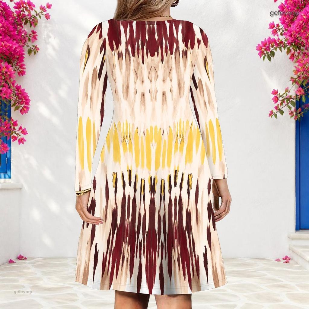 Women Plus Size V Neck Long Sleeve Blue Printed A Line Dress