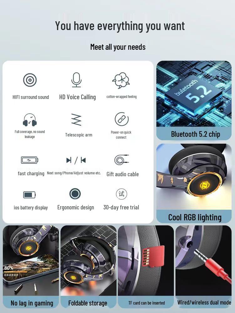 Noise-Cancelling Over-Ear Wireless Bluetooth Headphones with Card Slot and Long Battery Life for Gaming and Universal Compatibility