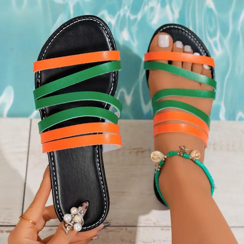 Fashion 2025 Summer Open Toe Women's Slippers Hot Sale Mixed Colors Narrow Band Flat with Sandals Fashion Plus Size Daily Beach Slippers