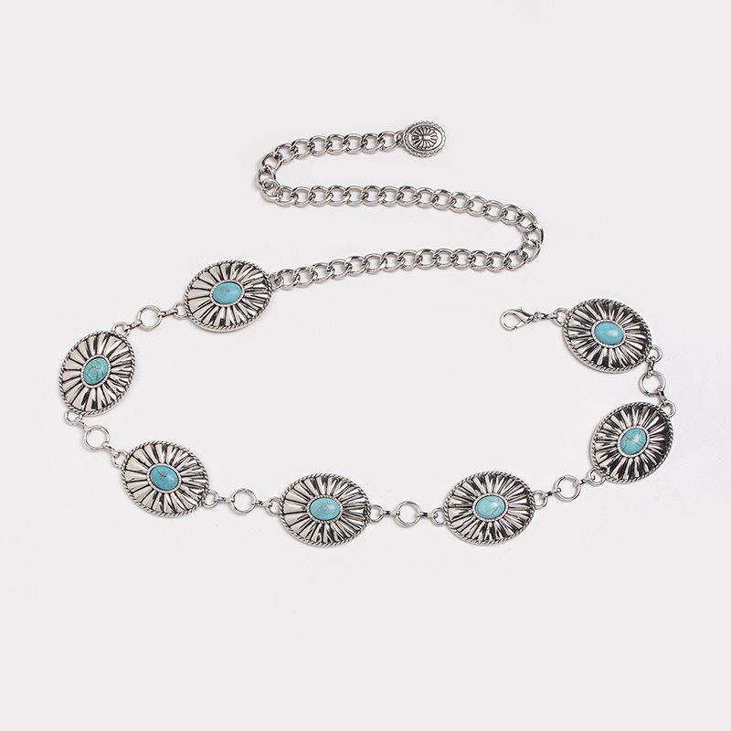 Spring New Heavy Industry Thick Thick Chain Turquoise Western Style Women's High-end Waist Chain Metal Ethnic Style Belt