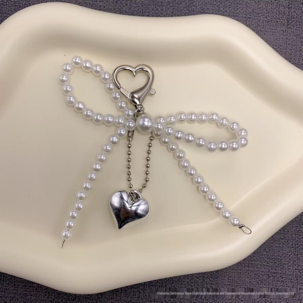 Autumn Winter Fluffy Bow Phone Chain with Beaded Lanyard for Universal Phone and Camera Cases