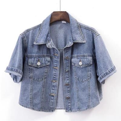 Dámske Cropped Džínsové Bundy S Klopou Na Gombíky Trucker Jean Bundy Letný Krátky Rukáv Ležérny Kabát